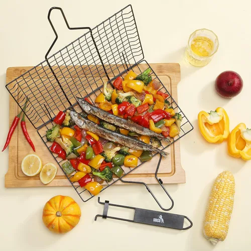 Miniatura 6 de UNCO- Cesta para parrilla de barbacoa, plegable, portátil, de acero inoxidable, con mango de madera extraíble y cepillo para untar, para verduras