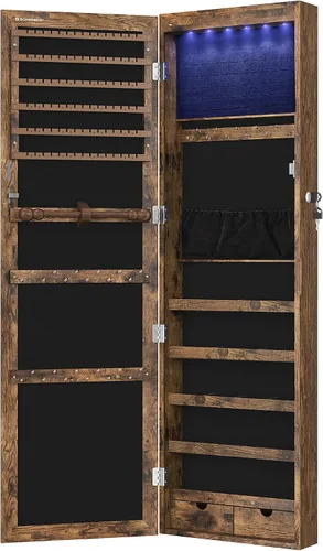 SONGMICS - Gabinete organizador de joyas con 6 luces LED, para montar en la pared o en la puerta, de 47.3pulgadas de alto, con espejo y 2 cajones