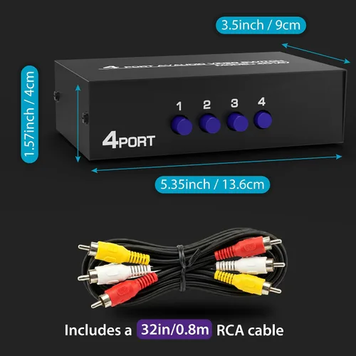 Miniatura 6 de Fosmon Interruptor y divisor RCA de 3 vías, selector de audio y video estéreo de 3 entradas (hembra) y 1 salida (hembra) con cable de conexión AV