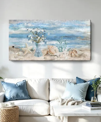 Miniatura 21 de Arte de pared para decoración de baño, imagen de playa azul, tema oceánico, impresión en lienzo de flores, pintura moderna de paisaje marino