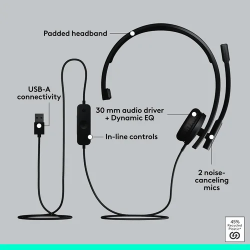 Miniatura 6 de Logitech H570e - Auriculares USB con micrófono para PC y Mac, auriculares con cable USB-A con sonido mono, micrófonos con cancelación de ruido