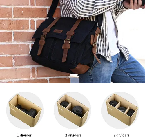 Miniatura 5 de Kattee Bolso de cuero de la cámara de la lona del bolso de la vendimia DSLR SLR Messenger Bag