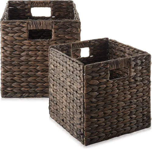 Casafield Cestas de almacenamiento de jacinto de agua de 10.5 x 10.5 pulgadas, color espresso, juego de 2 organizadores de cubos plegables,