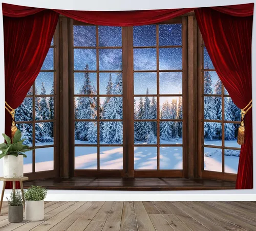 WEENEO Tapiz de bosque de invierno, ventana, exterior, pino, Navidad, escena de nieve, tapiz de naturaleza, plantas, montaña bajo azul estrellado,