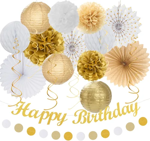 Miniatura 9 de Paquete de decoración de fiesta de cumpleaños para mujeres y hombres - 21 piezas. Banner feliz, papel de banderines, linternas de panal, pompones