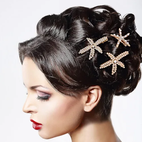 Miniatura 3 de PAGOW 3 pinzas para el cabello con estrellas de mar, pinzas de cristal con perlas de diamantes de imitación doradas, soporte para cola de caballo