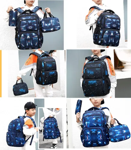 Miniatura 7 de JiaYou Mochila de galaxia con patrón espacial para niños, primaria, junior, escuela secundaria, mochila para computadora portátil, azul azul