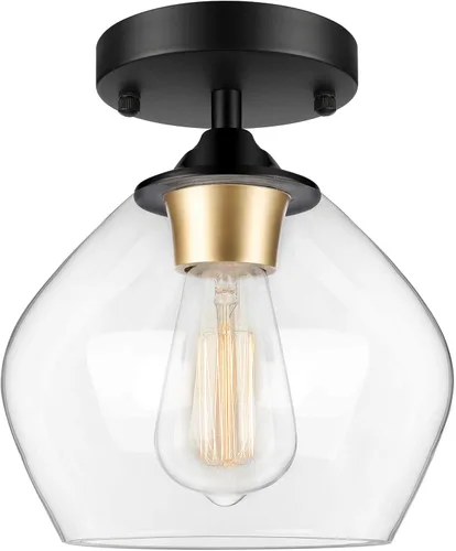 Moderna lámpara de techo con pantalla de cristal transparente, industrial cerca de techo, lámpara de techo colgante negra para pasillo, comedor,