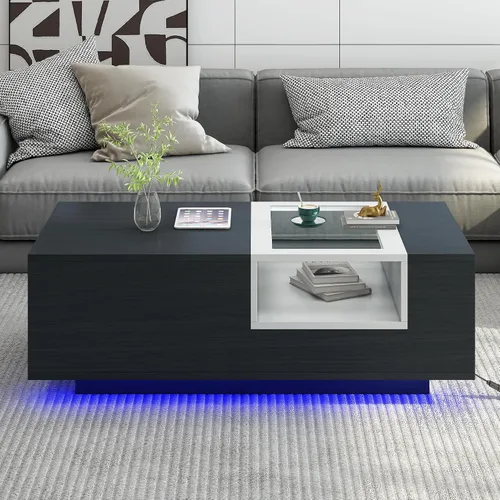 Miniatura 18 de Mesa de centro moderna con vidrio templado, mesa de cóctel de madera con superficie UV de alto brillo, mesa central rectangular modernista de 2 Negro