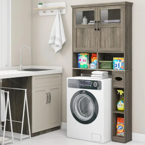 Miniatura 4 de Vabches Armario de almacenamiento sobre el inodoro con puertas dobles, soporte para papel higiénico y estante ajustable, ahorro de espacio Gris