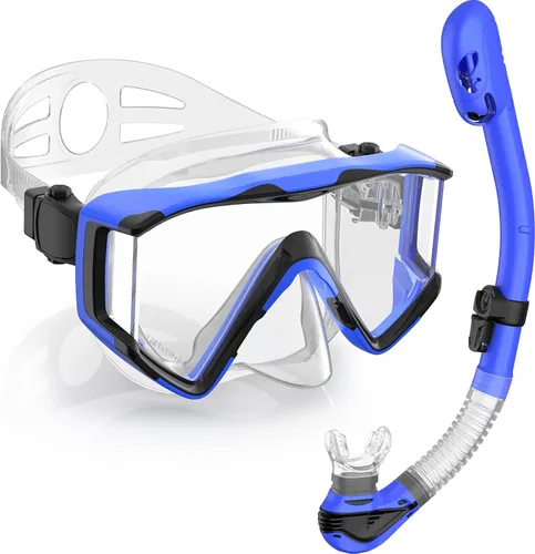 Miniatura 12 de Greatever Juego de esnórquel Pano de 3 ventanas para adultos, vista panorámica amplia, máscara de buceo antivaho, antifugas, gafas de esnórquel