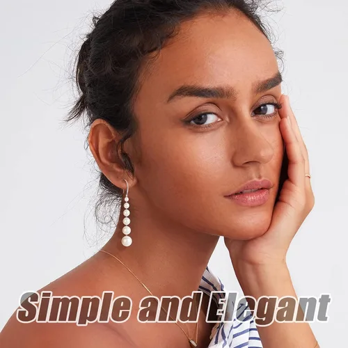 Miniatura 3 de Aretes largos de perlas para mujer, chapados en oro de 14 quilates, aretes colgantes de borla de plata de ley con poste de perlas largas para baile