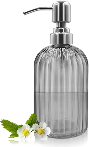 Miniatura 9 de Dispensador de jabón de vidrio ámbar de 14 onzas con bomba negra, recargable para jabón de manos, jabón de platos, loción, adecuado para cocina