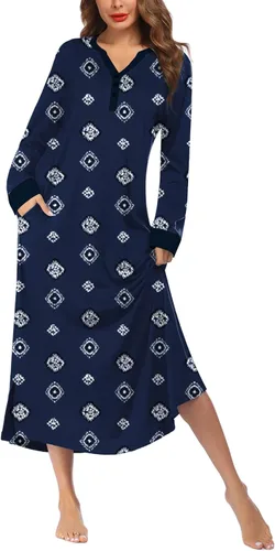 Miniatura 4 de Ekouaer Camisón largo para mujer con cuello en V, ropa de dormir de longitud completa con bolsillos