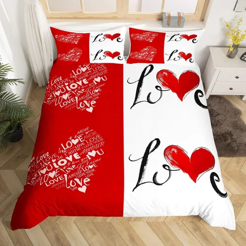 Juego de funda de edredón para parejas, juego de ropa de cama de corazón de amor rojo, juego de funda de edredón romántica para boda, regalo para el