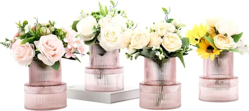 Miniatura 57 de Jarrón redondo de cristal, floreros para ramo, jarrones de vidrio acanalado para flores, pequeño jarrón transparente para sala de estar, oficina