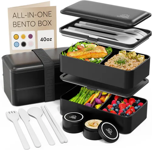 Miniatura 21 de Umami Cajas de almuerzo con 4 utensilios, tarro de salsa, Caja bento apilable que ahorra espacio para adultos, 100% a prueba de fugas, contenedores
