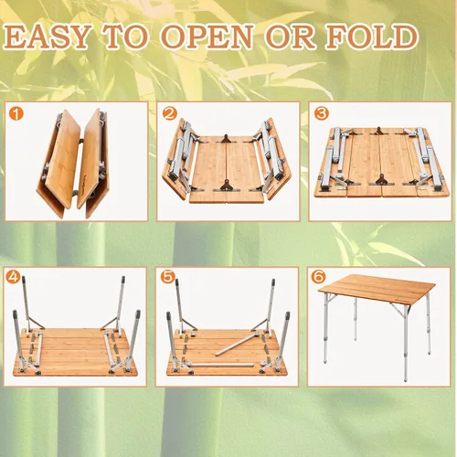 Miniatura 5 de KingCamp Mesa de Bambú Plegable Mesa de Camping Ecológica con Patas de Aluminio de Altura Ajustable Resistente 4 Pliegues Mesas de Campamento