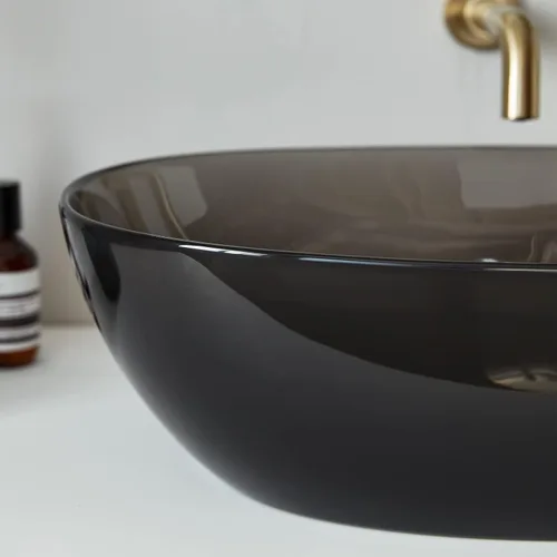 Miniatura 7 de Cpingao Fregadero ovalado translúcido de 23 x 15 pulgadas para gabinete, encimera de resina de piedra en forma de barco para lavabo con drenaje Negro