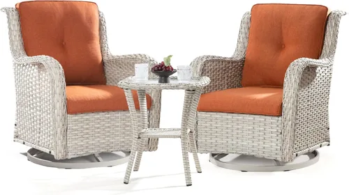 Joyside Juego de 2 sillas giratorias para patio al aire libre y mesa auxiliar a juego, juego de 3 piezas de mimbre para patio con cojines de tela