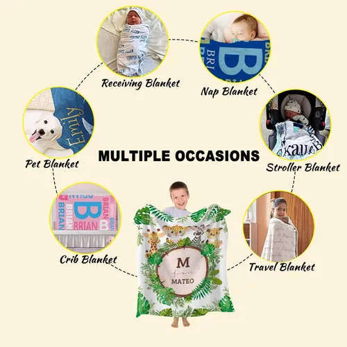 Miniatura 7 de Manta personalizada de animales bebés para niños y niñas, mantas personalizadas con nombre, manta ligera de franela suave para ropa de cama, sofá