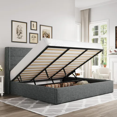 Miniatura 26 de Allewie Cama de Almacenamiento Elevable Tamaño Completo, Cabecero Capitonado con Botones con Respaldo de Ala, Soporte Hidráulico, No Necesita Gris