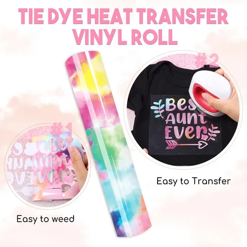 Miniatura 4 de Rollo de vinilo HTV de teñido anudado rojo, 12 pulgadas x 8 pies, vinilo de transferencia de calor rosa con patrón de acuarela para camisetas