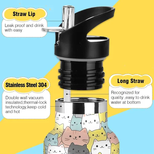 Miniatura 3 de Kids Water Bottle for School Leakproof Kids Insulated Water Bottle 20oz, BPA-Free, Cute Cats Colorful