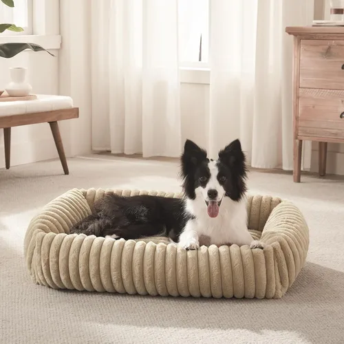 Miniatura 8 de FURTIME Cama para perros de tamaño mediano, cama ortopédica lavable para mascotas con funda extraíble, rectangular, suave, relajante, para Beige