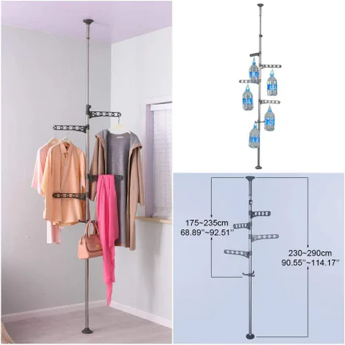 Miniatura 5 de BAOYOUNI Perchero organizador de 4 niveles para ropa de pie a techo, ajustable, de metal, para colgar ropa, color gris Gris con 4 ganchos y 1 gancho