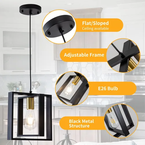 Miniatura 4 de Lámpara colgante negra de granja, candelabro pequeño de 1 luz, lámpara de comedor de madera con cable ajustable, luces colgantes para pasillo, isla