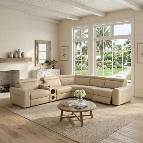 Miniatura 14 de Sofá Seccional Reclinable Eléctrico, Juego de Muebles de Sala en Forma de L, Sofá de Cuero Marrón Claro, Sofá Seccional Reclinable con Consola