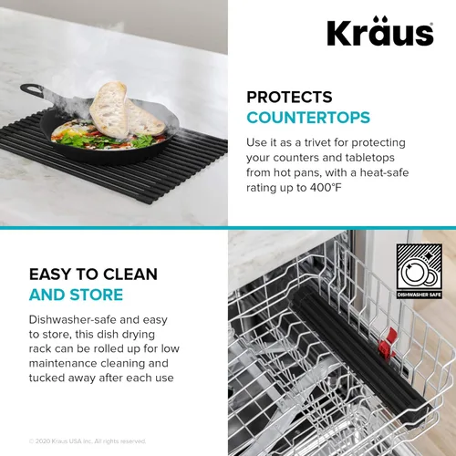 Miniatura 7 de Kraus Multiusos Escurreplatos Enrollable para Fregadero con Colador y Esterilla en Aqua, KRM-11AQ