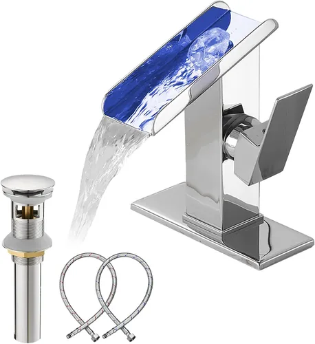 Miniatura 14 de Grifo de Recipiente Negro para Baño Cascada Boquilla Abierta LED Cambio de Color por Temperatura Grifo de Lavabo para Fregadero de Tazón Mango