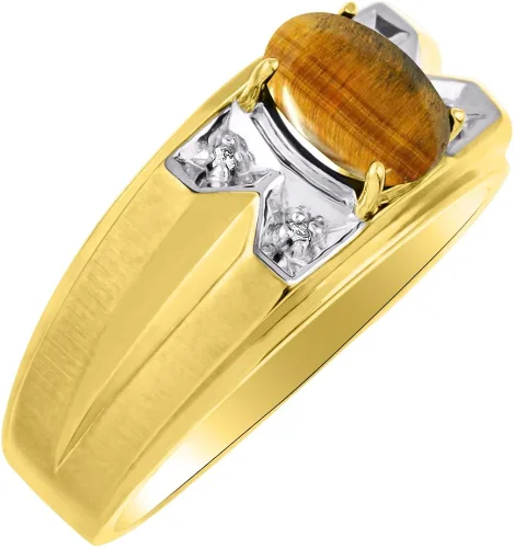 RYLOS - Anillos para hombre de oro amarillo de 14 quilates para hombre con ojo de tigre y diamante de 0315 x 0236in de color piedra preciosa anillos