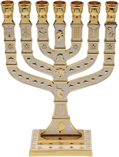 Miniatura 6 de Menorá de Esmalte Azul de Jerusalén de 7 Ramas, 10.8" de alto, con 12 Tribus de Israel, Portavelas (27.4 cm)
