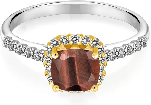 Miniatura 2 de Gem Stone King Anillo de oro blanco de 10 quilates con diamantes blancos y ojo de tigre rojo de 174 quilates con puntas de oro amarillo