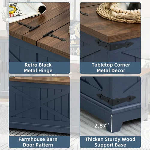Miniatura 6 de Joaxswe - Mesa de café de granja con organizador de almacenamiento oculto, mesa central cuadrada moderna y grande, mesas bajas de madera estilo Azul