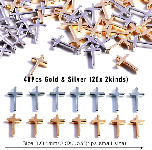 Miniatura 3 de 40 dijes pequeños de cruz de acero inoxidable, sin deslustre para hacer joyas, chapados en plata y oro