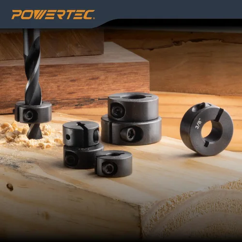 Miniatura 2 de POWERTEC Juego de collar de tope de broca, juego de 7 piezas de tapón de profundidad de broca ajustable con llave Allen, tope de brocas con marcas