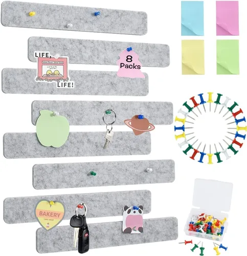 Miniatura 13 de Vuzvuv 8 tiras para tablón de anuncios con 50 chinchetas y 10 clips de madera, tablero de corcho autoadhesivo para pared, tablero de fieltro