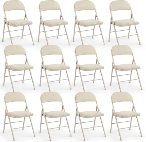 DUMOS Paquete de 12 sillas plegables acolchadas de cuero, asiento comercial apilable portátil para interiores y exteriores con marco de acero, Caqui