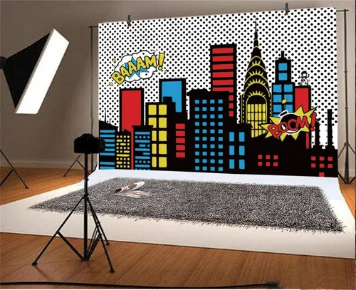 Miniatura 3 de AOFOTO Telón de fondo de súper ciudad de 5 x 3 pies con bomba abstracta moderna edificio del centro de la ciudad, fondo de fotografía de dibujos