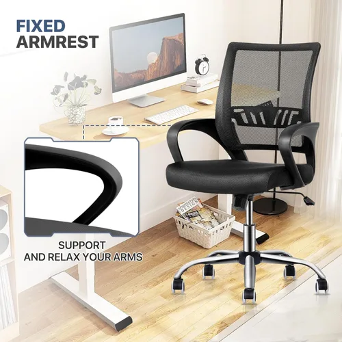 Miniatura 9 de MoNiBloom Silla de oficina de malla negra + alfombrilla para silla, silla giratoria ergonómica con respaldo medio con soporte lumbar y reposabrazos