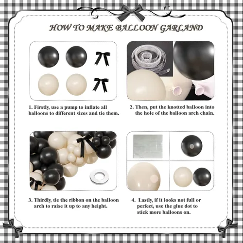 Miniatura 8 de Kit de arco de globos negro y arena blanca 141 piezas, decoraciones de cumpleaños coquetas incluyen globos y lazo negro para boda, baby shower