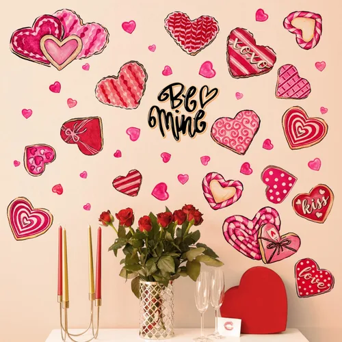 Miniatura 6 de Yovkky Calcomanías de pared de corazón para el día de San Valentín, diseño de corazones rosados y rojos, diseño de lunares, decoración