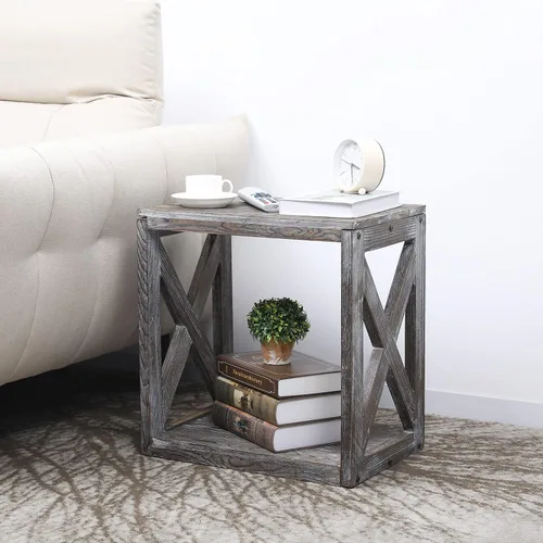 Miniatura 5 de MyGift Mesita de noche, mesa auxiliar gris rústica, mesita de noche de madera con diseño en X y estante inferior de almacenamiento