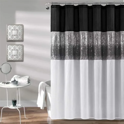 Miniatura 6 de Lush Decor Cortina de ducha Night Sky, individual, 72 x 72 pulgadas, negro y blanco - Cortina de ducha de lentejuelas - Cortina de baño de bloques
