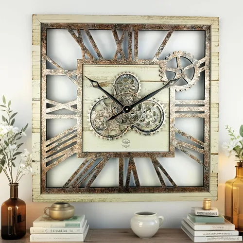 ImprovingLife The Gears Clock Reloj de Pared Cuadrado de 24 Pulgadas con Engranajes Reales en Movimiento, Estilo Vintage Industrial de Gran Tamaño,