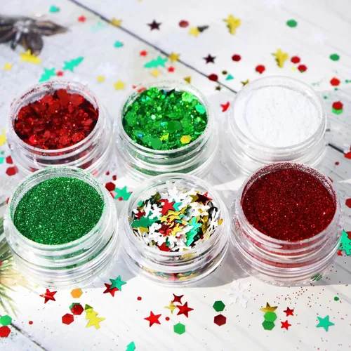 Miniatura 7 de Brillantina para uñas de Navidad, copos de nieve, lentejuelas de uñas rojo y verde, diseños de Navidad mezclados en polvo, hexágono, copos